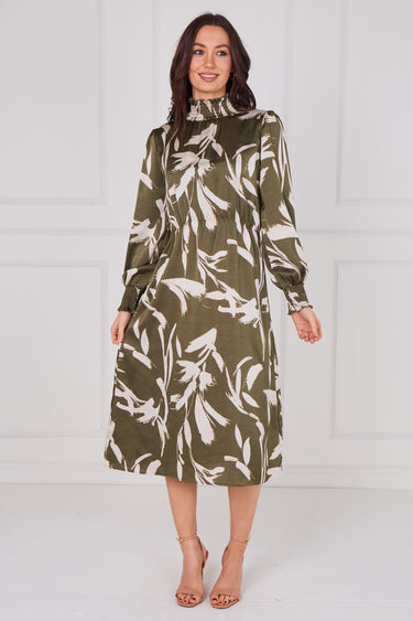 Olive Whisper Floral Shirred Neck Midaxi Dress