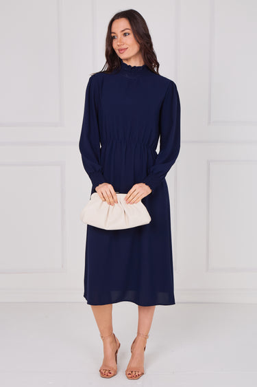 Navy Shirred High Neck Midaxi Dress