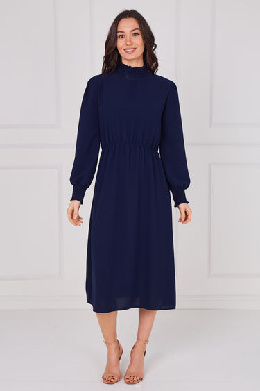 Navy Shirred High Neck Midaxi Dress