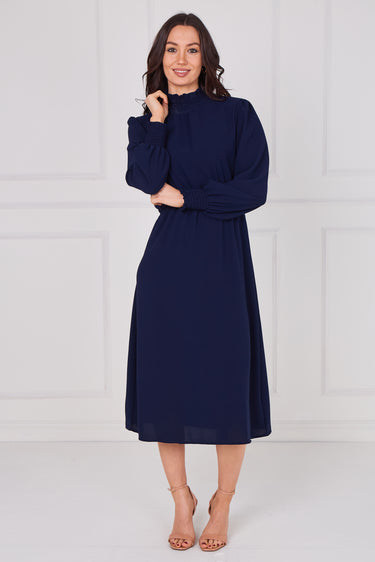 Navy Shirred High Neck Midaxi Dress