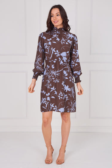 Chocolate and Powder Blue Floral Shirred Neck Dress
