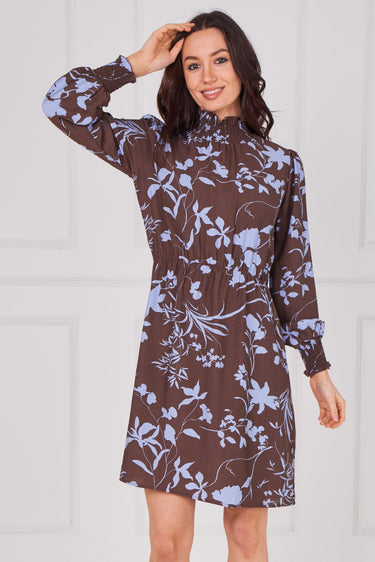 Chocolate and Powder Blue Floral Shirred Neck Dress