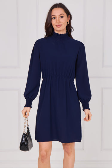 Navy Shirred Neck Long Sleeve Dress