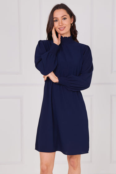 Navy Shirred Neck Long Sleeve Dress