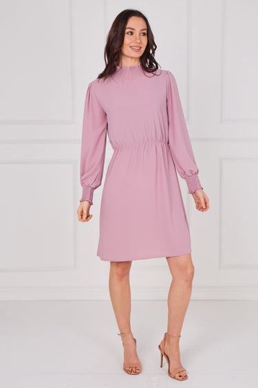 Dusty Rose Shirred Neck Long Sleeve Dress