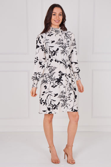 Ivory Floral Print Shirred Neck Dress