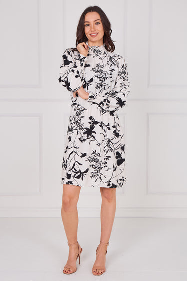 Ivory Floral Print Shirred Neck Dress