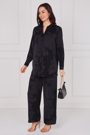 Black Tonal Rose Print Shirt and Trousers Co-Ord