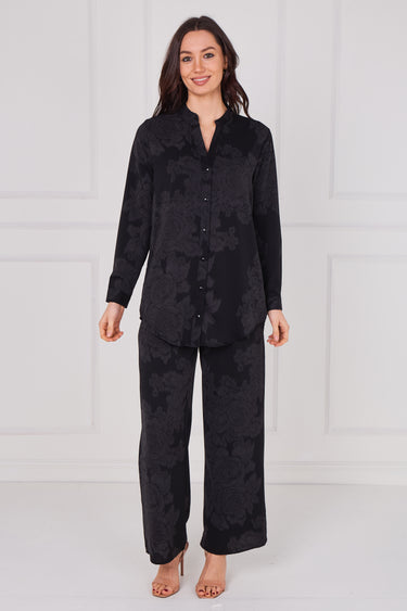 Black Tonal Rose Print Shirt and Trousers Co-Ord