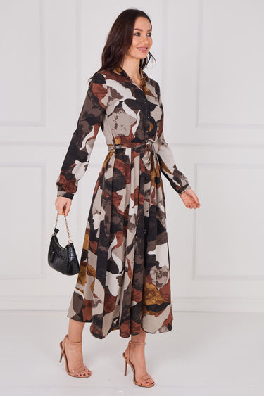 Mocha Abstract Print Belted Midaxi Shirt Dress
