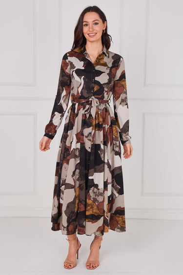 Mocha Abstract Print Belted Midaxi Shirt Dress