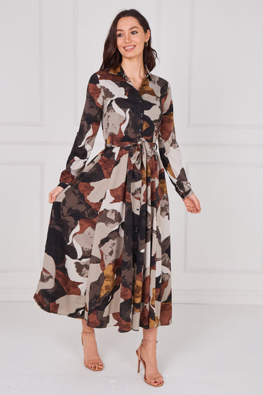 Mocha Abstract Print Belted Midaxi Shirt Dress