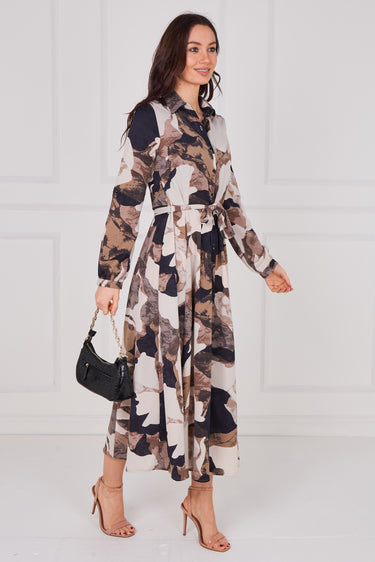 Latte Abstract Print Belted Midaxi Shirt Dress