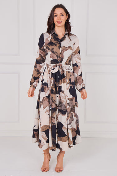 Latte Abstract Print Belted Midaxi Shirt Dress