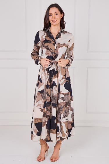 Latte Abstract Print Belted Midaxi Shirt Dress