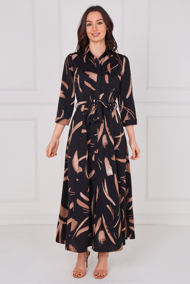 Copper Painterly Print Belted Maxi Shirt Dress