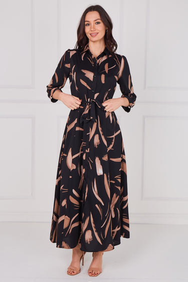 Copper Painterly Print Belted Maxi Shirt Dress