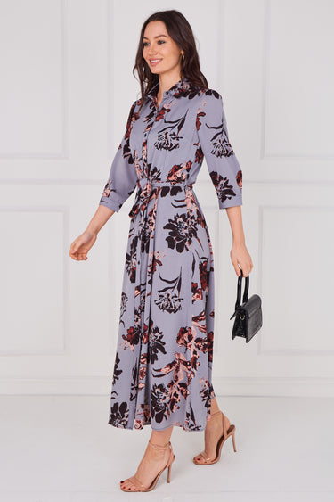 Slate Blue Blossom Print Belted Midaxi Shirt Dress