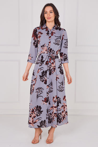 Slate Blue Blossom Print Belted Midaxi Shirt Dress