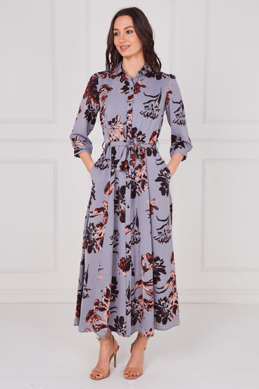 Slate Blue Blossom Print Belted Midaxi Shirt Dress