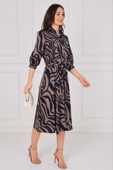 Smoky Olive Swirl Print Half Sleeve Midi Shirt Dress