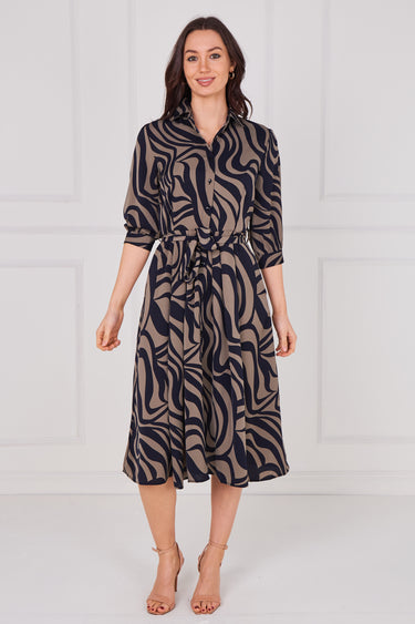 Smoky Olive Swirl Print Half Sleeve Midi Shirt Dress