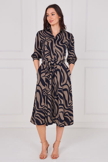 Smoky Olive Swirl Print Half Sleeve Midi Shirt Dress