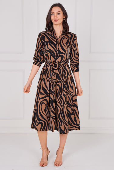 Tan Swirl Print Half Sleeve Midi Shirt Dress