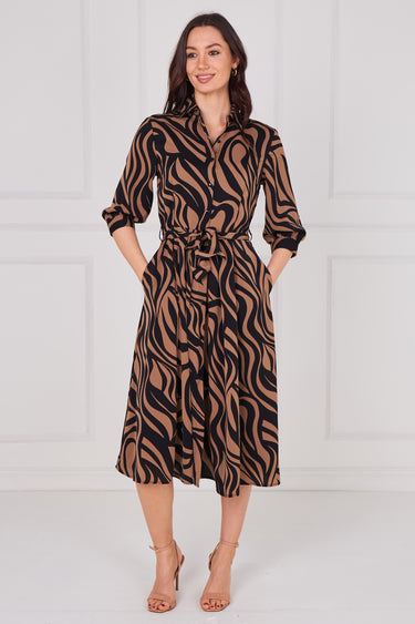 Tan Swirl Print Half Sleeve Midi Shirt Dress