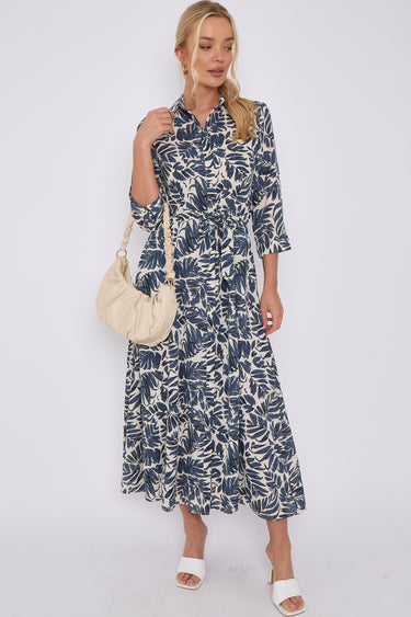 Navy Leaf Print Cream Maxi Shirt Dress