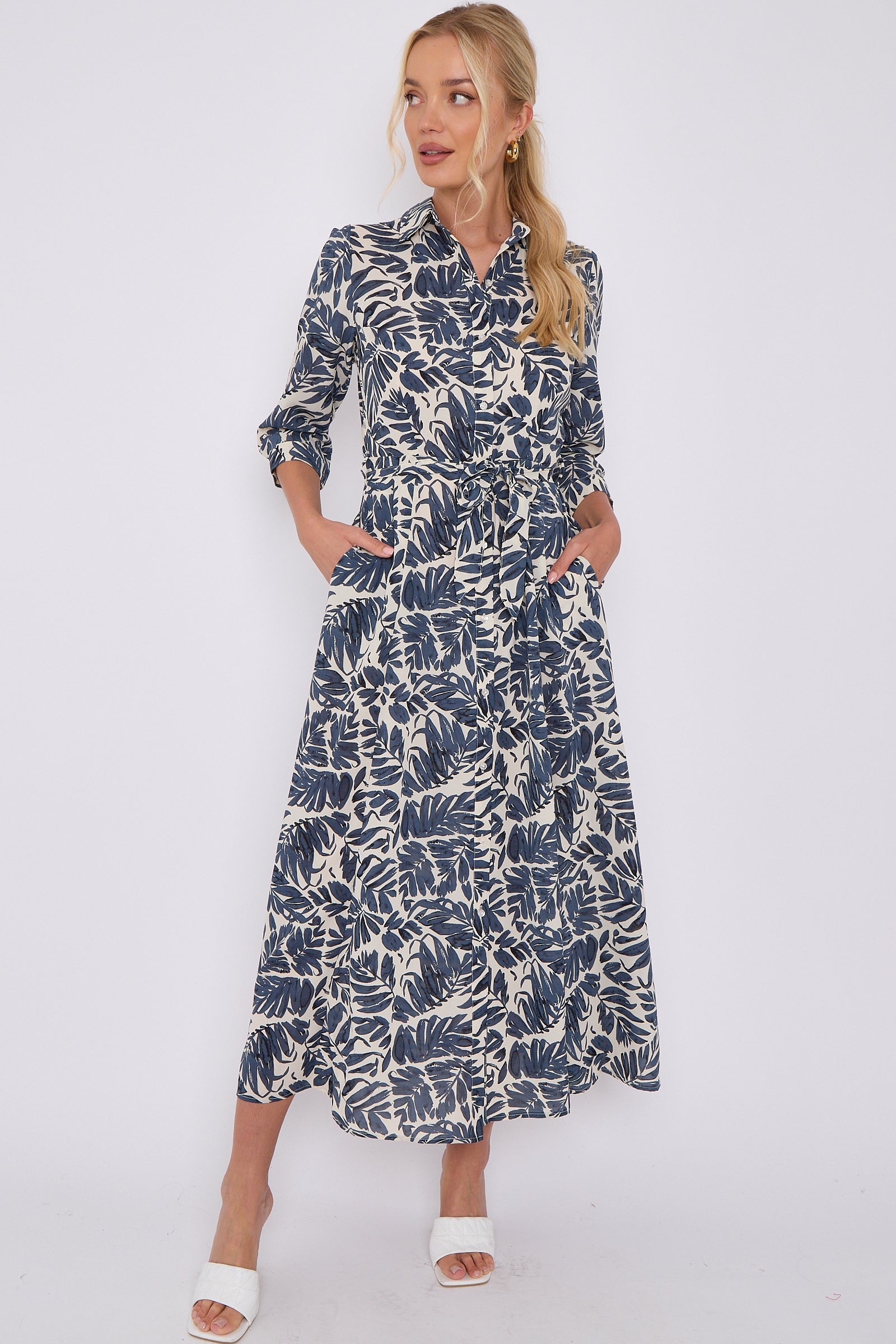 Navy Leaf Print Maxi Shirt Dress
