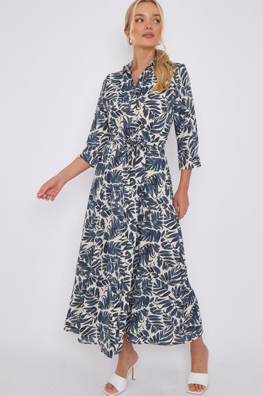 Navy Leaf Print Cream Maxi Shirt Dress