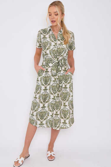 Green Broderie Print Short Sleeve Midi Shirt Dress