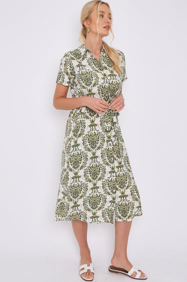 Green Broderie Print Short Sleeve Midi Shirt Dress