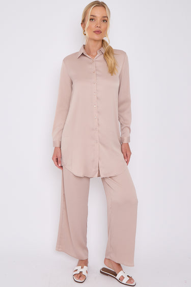 Champagne Crepe Satin Co-ord Shirt and Trousers Set