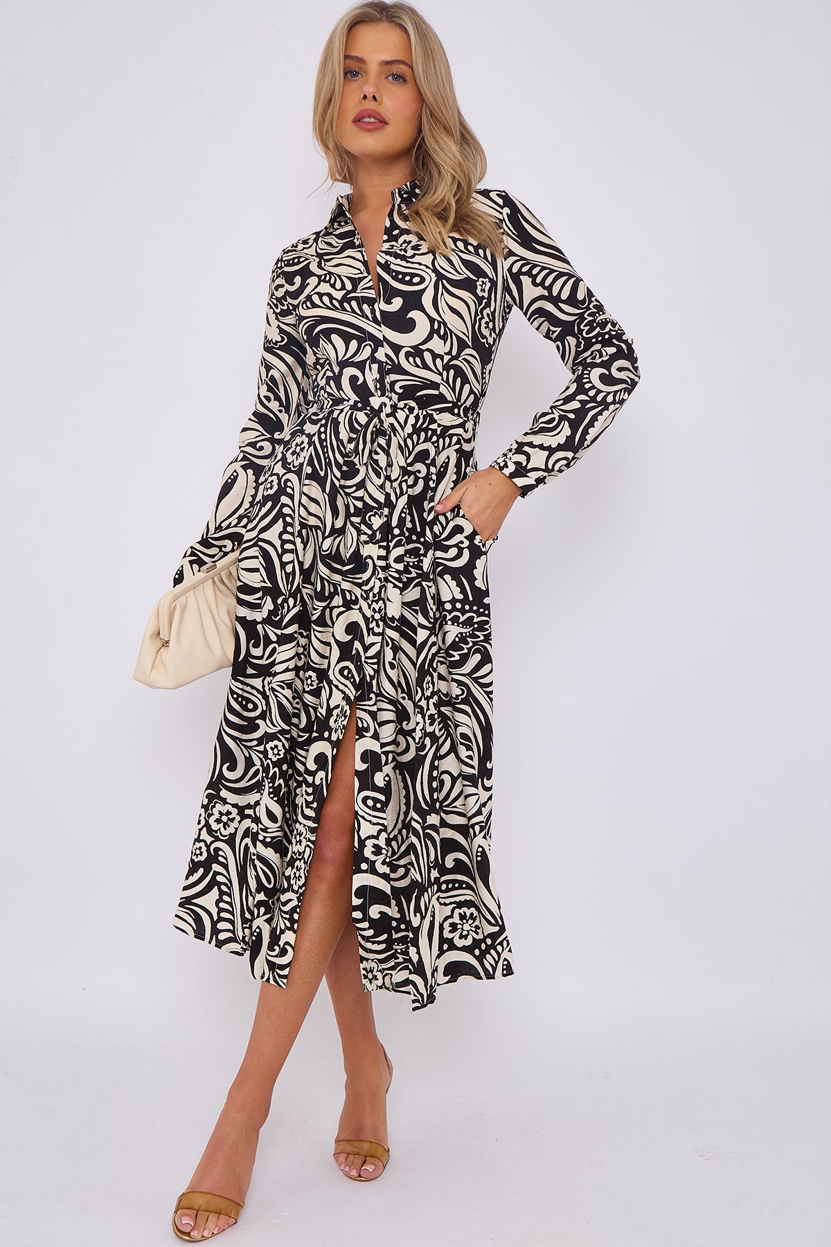 Paisley Abstract Print Linen Texture Midaxi Shirt Dress