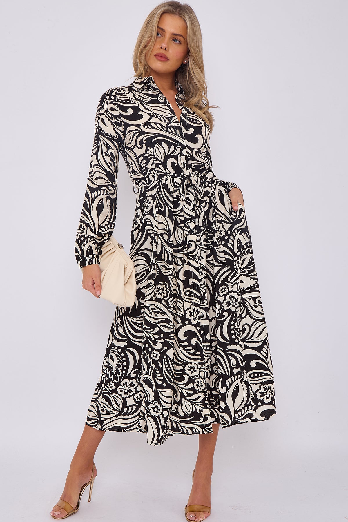 Paisley Abstract Print Linen Texture Midaxi Shirt Dress