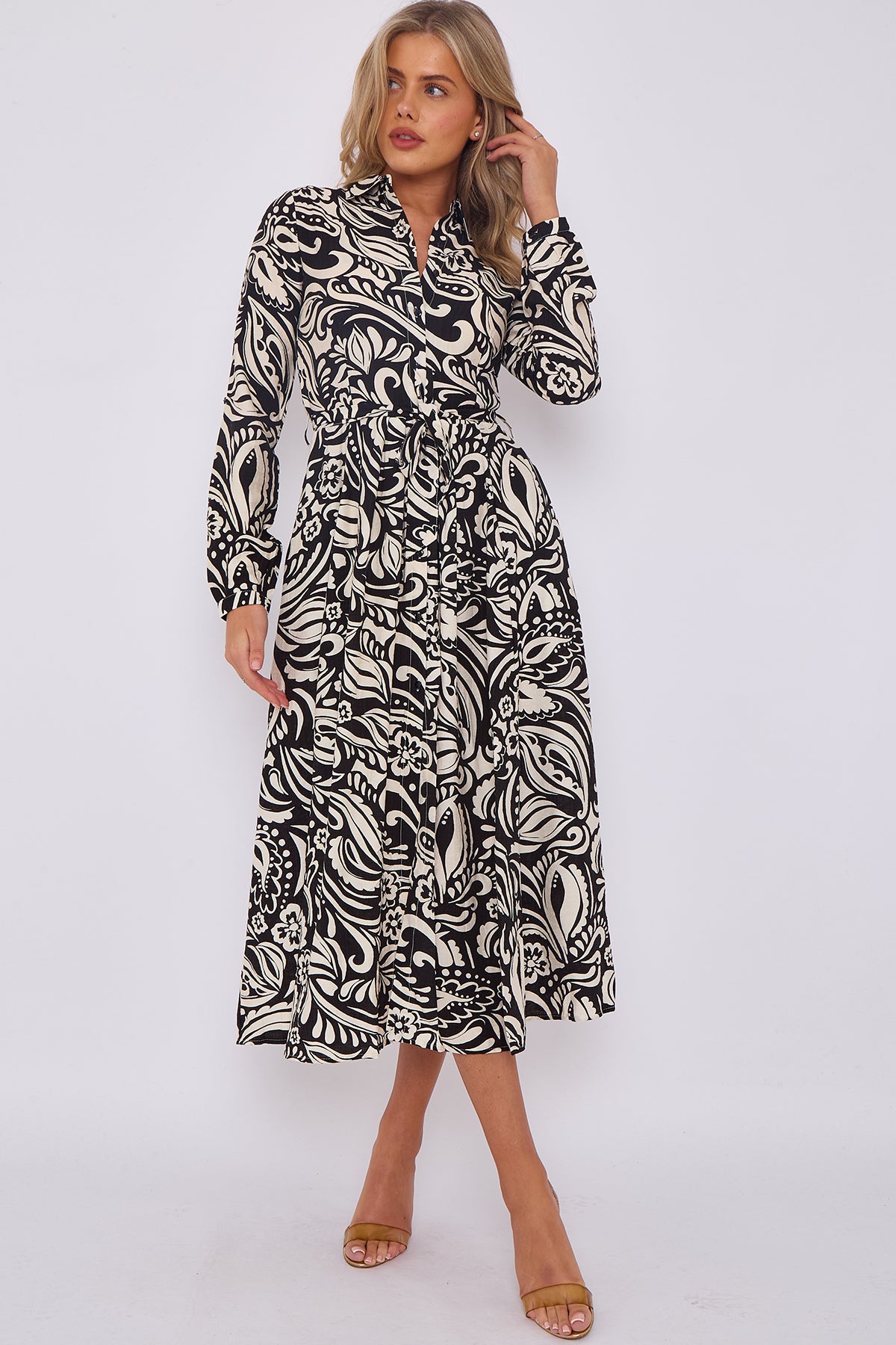 Paisley Abstract Print Linen Texture Midaxi Shirt Dress