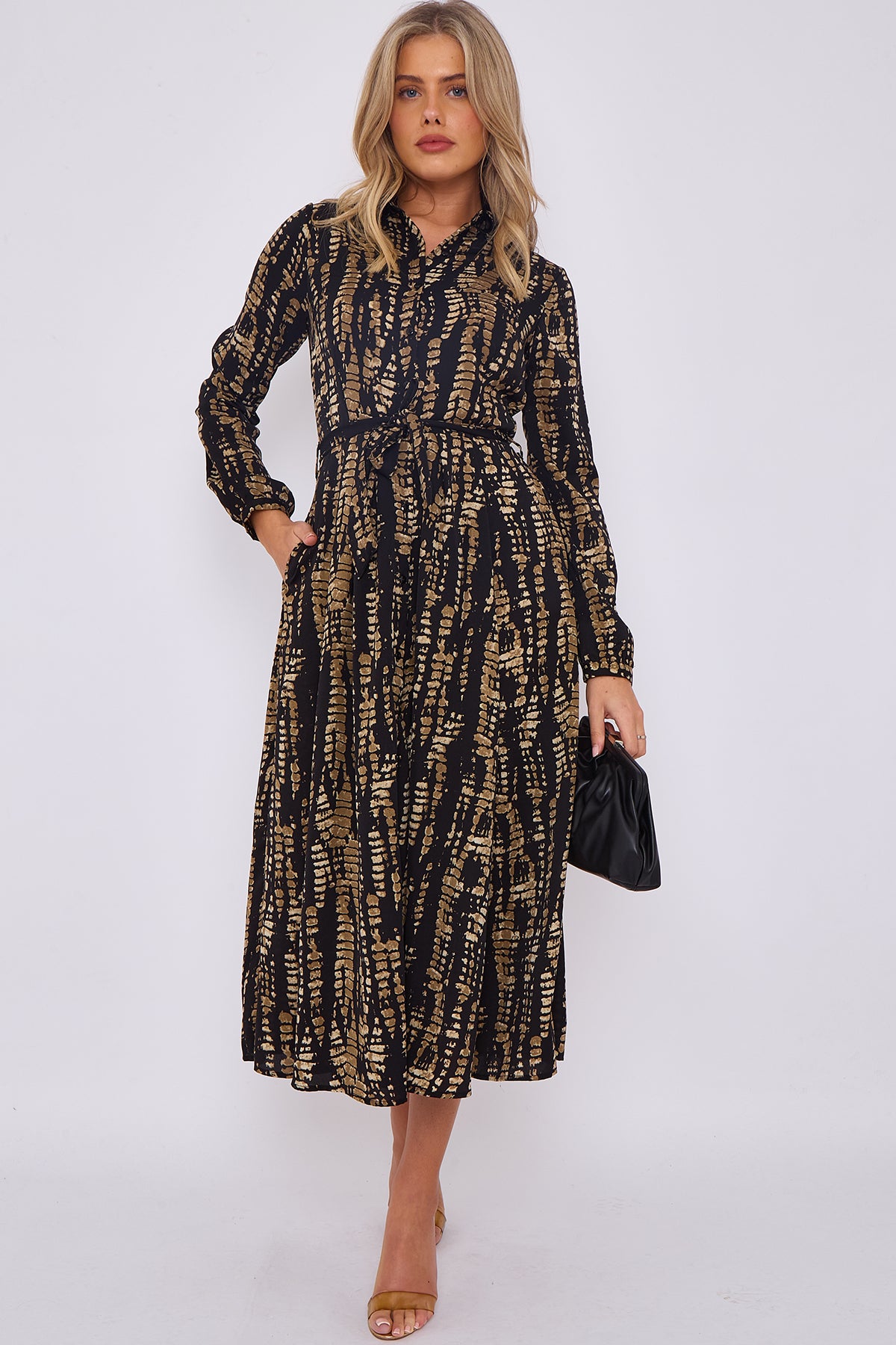 Black Tie Dye Print Midaxi Shirt Dress