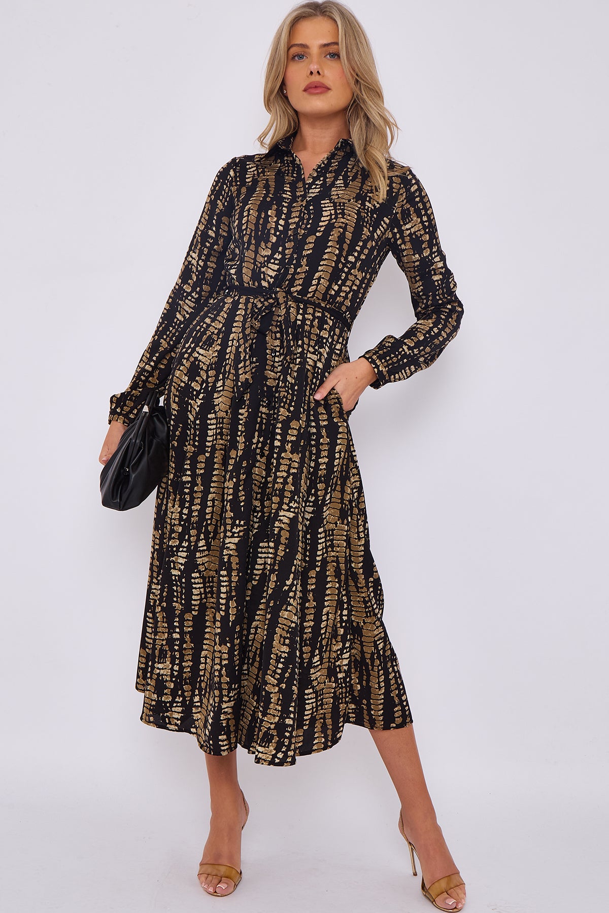 Black Tie Dye Print Midaxi Shirt Dress