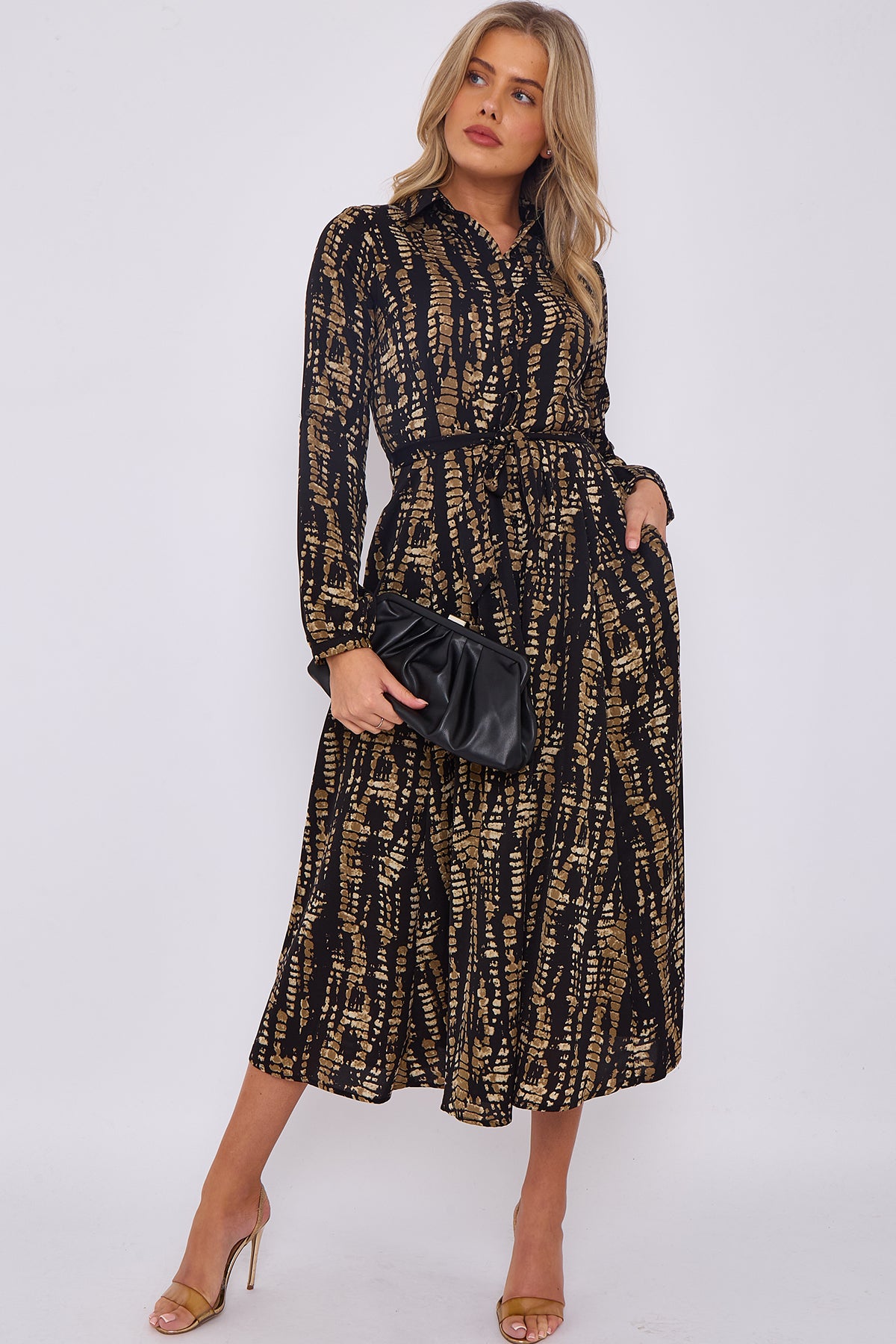 Black Tie Dye Print Midaxi Shirt Dress
