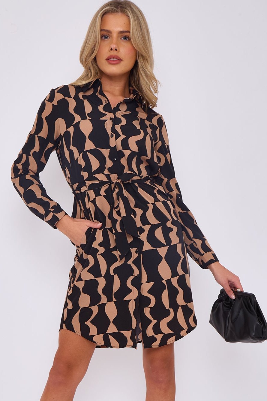 Brown Geo Print Mini Shirt Dress