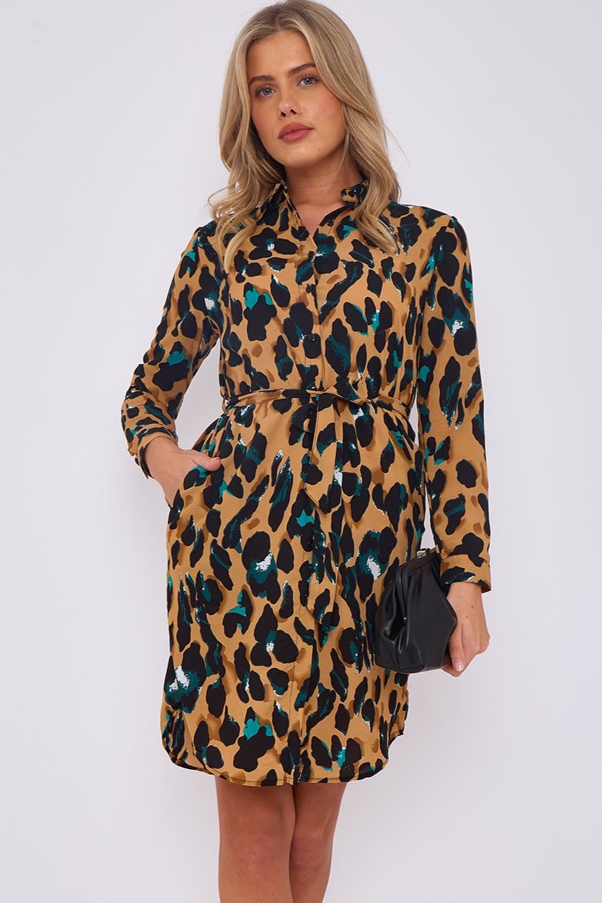 Emerald and Brown Leopard Print Mini Shirt Dress
