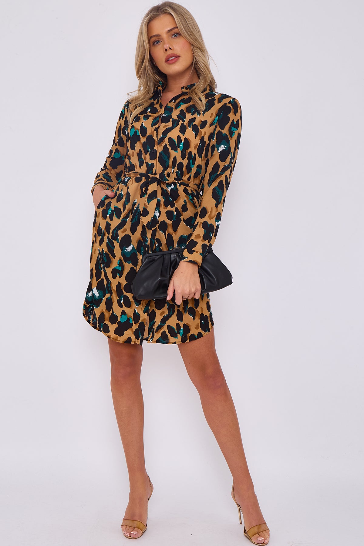 Emerald and Brown Leopard Print Mini Shirt Dress