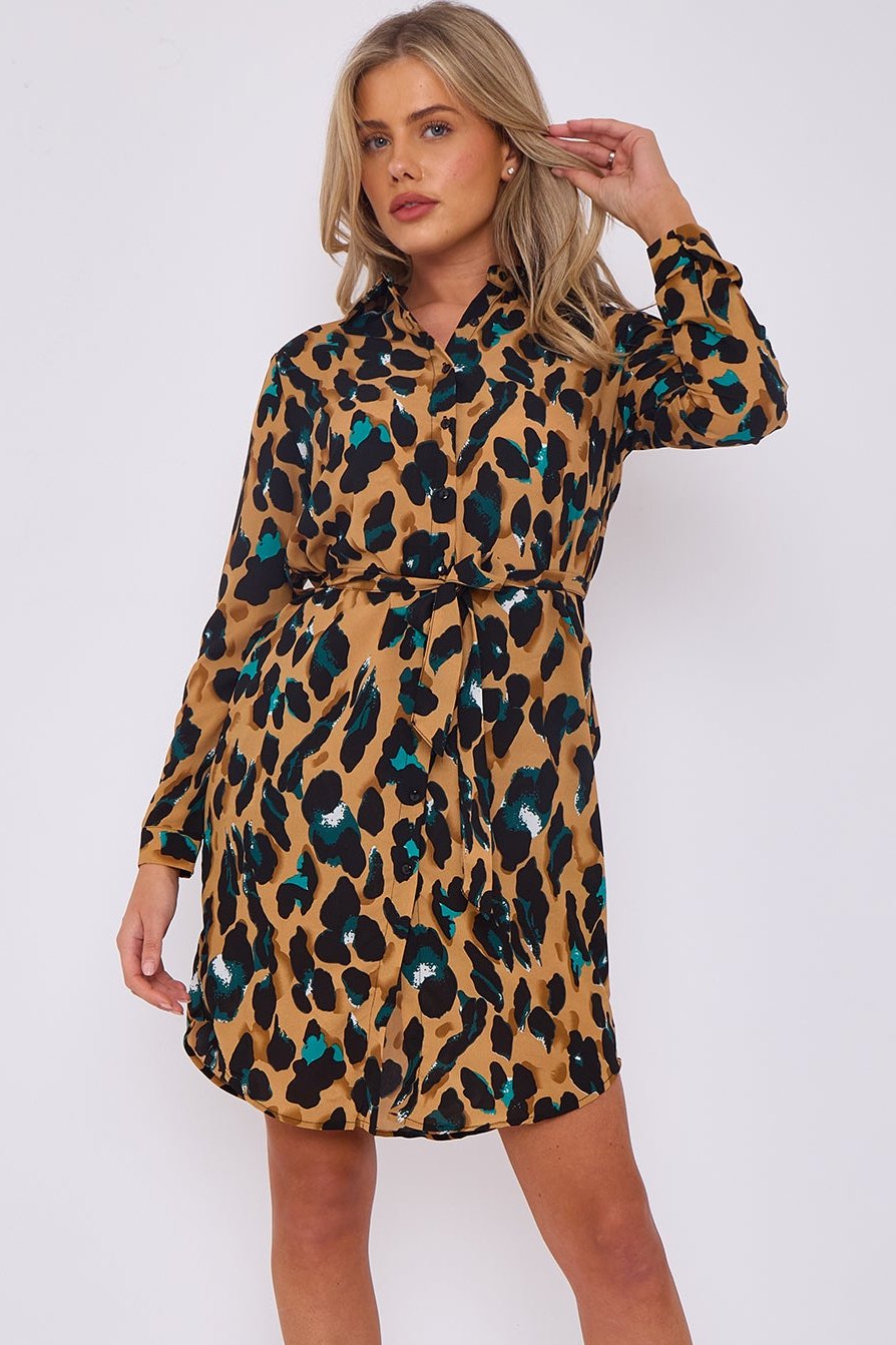 Emerald and Brown Leopard Print Mini Shirt Dress