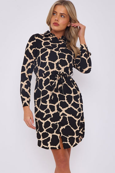 Love Sunshine Cream Giraff Print Mini Shirt Dress auto-20 Brunch Dress Casual Dress Dress with Pockets Dresses Everyday Dress Leopard Print Dress Long Sleeve Dress LS-5026 Workwear Dress
