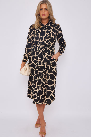 Cream Griaffe Printed Long Sleeve Midi Shirt Dress