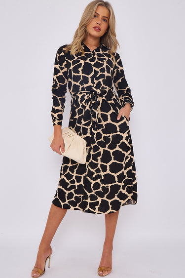 Cream Griaffe Printed Long Sleeve Midi Shirt Dress