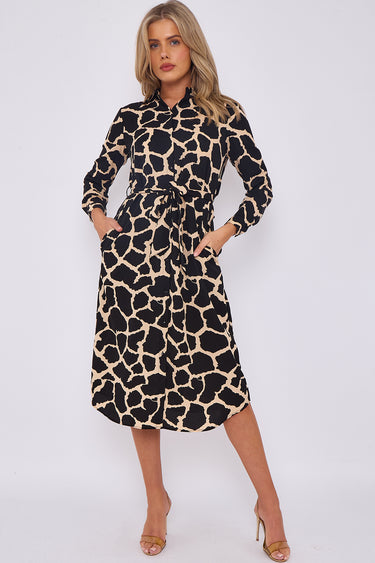 Cream Griaffe Printed Long Sleeve Midi Shirt Dress