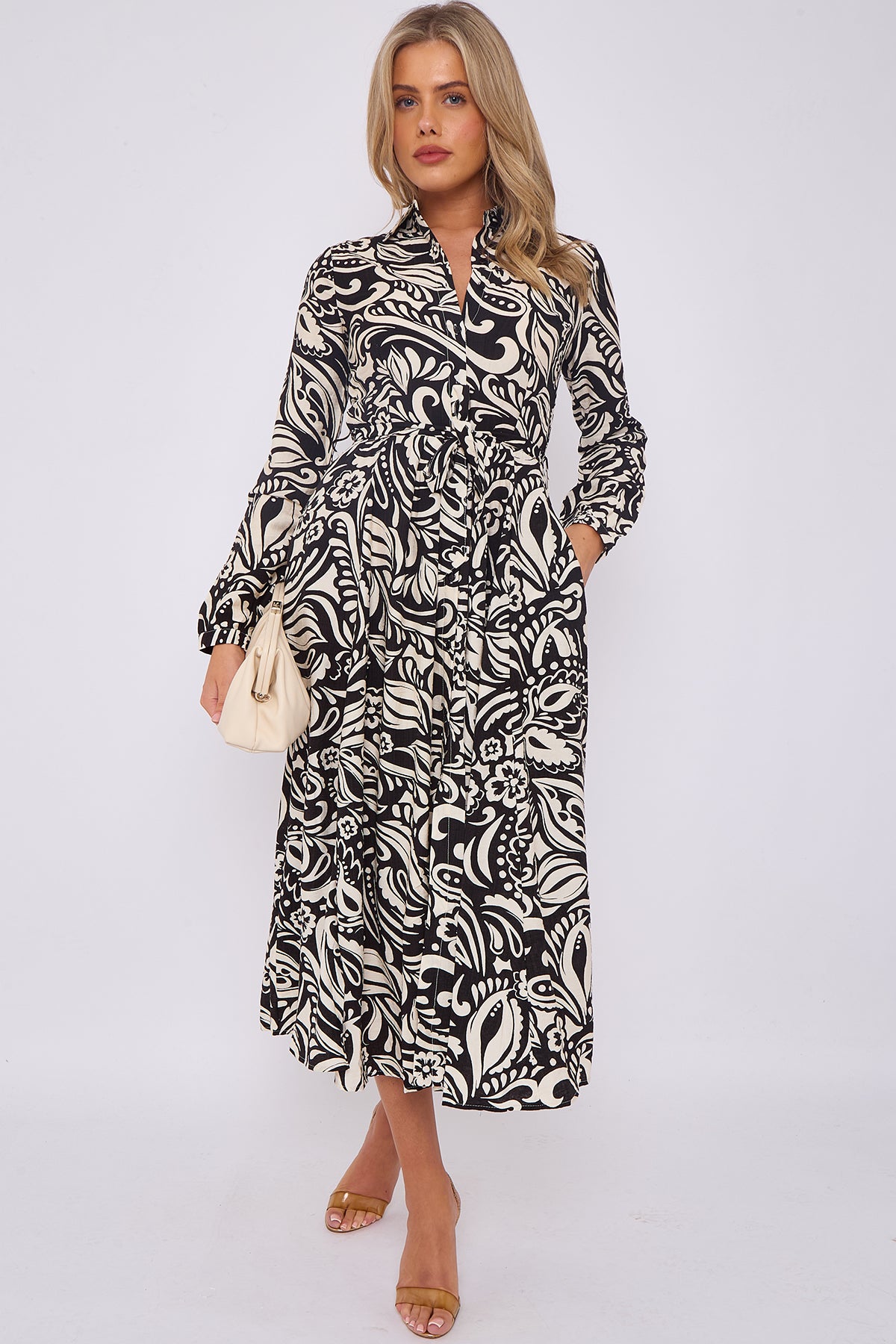 Paisley Abstract Print Linen Texture Midaxi Shirt Dress